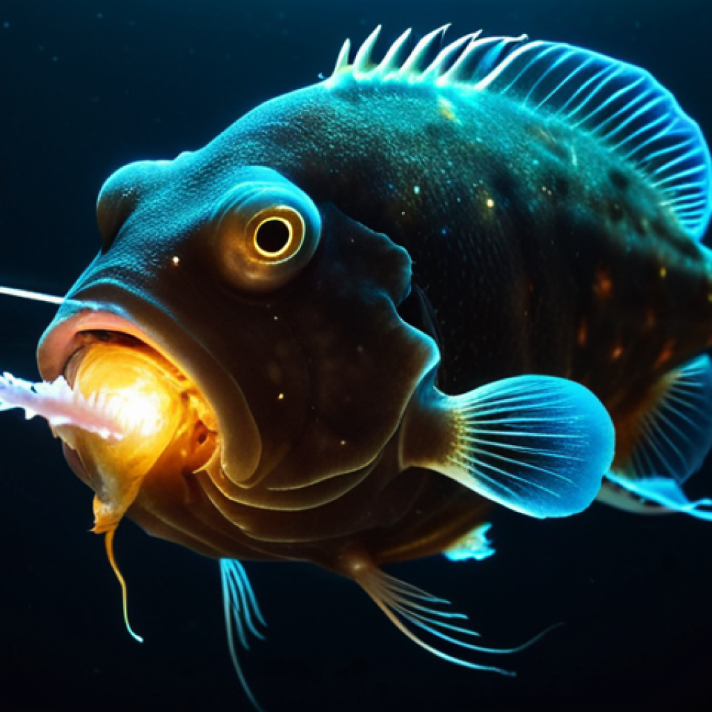 ** A bioluminescent anglerfish luring prey with its glowing lure in the dark depths, showcasing its unique adaptation to the darkness.

**