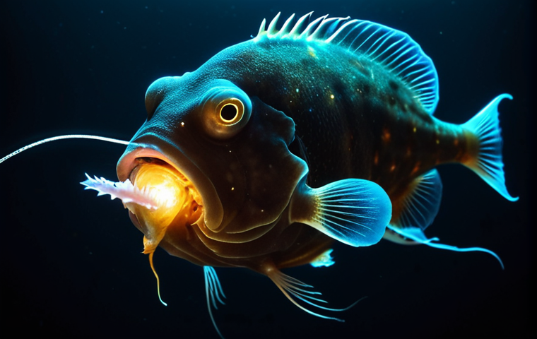 ** A bioluminescent anglerfish luring prey with its glowing lure in the dark depths, showcasing its unique adaptation to the darkness.
**