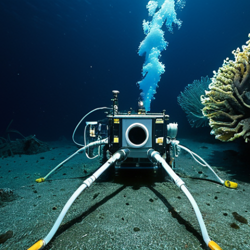Hydrothermal Vent Exploration**

"A remotely operated vehicle (ROV) exploring a vibrant hydrothermal vent system on the ocean floor. The scene is filled with unusual deep-sea creatures: tube worms, strange fish, and unique bacteria mats. Focus on the ROV's lights illuminating the scene, showcasing the contrast between the dark ocean depths and the vibrant life around the vent. Safe for work, appropriate content, fully clothed, professional, perfect anatomy, correct proportions, high quality, natural pose."

**
