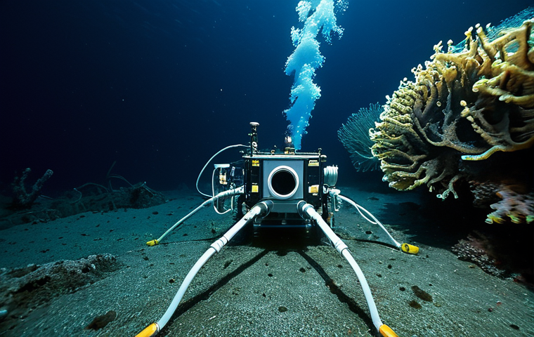 Hydrothermal Vent Exploration**

"A remotely operated vehicle (ROV) exploring a vibrant hydrothermal vent system on the ocean floor. The scene is filled with unusual deep-sea creatures: tube worms, strange fish, and unique bacteria mats. Focus on the ROV's lights illuminating the scene, showcasing the contrast between the dark ocean depths and the vibrant life around the vent. Safe for work, appropriate content, fully clothed, professional, perfect anatomy, correct proportions, high quality, natural pose."

**