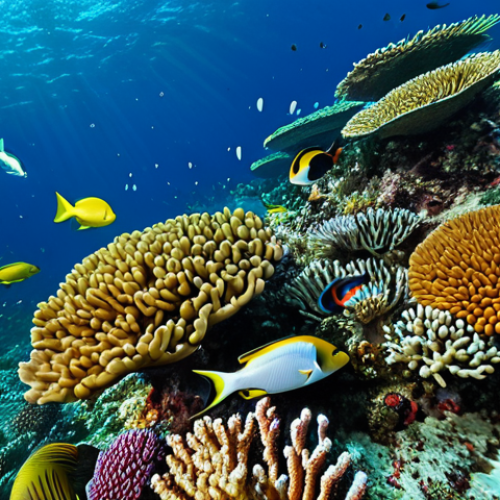 **

A diverse group of colorful fish swimming around vibrant, healthy coral in a Malaysian coral reef. Some fish are eating algae, showcasing a change in diet. The scene emphasizes the resilience of marine life. Fully clothed, appropriate content, safe for work, professional, family-friendly, perfect anatomy, natural proportions, high quality underwater photography.

**